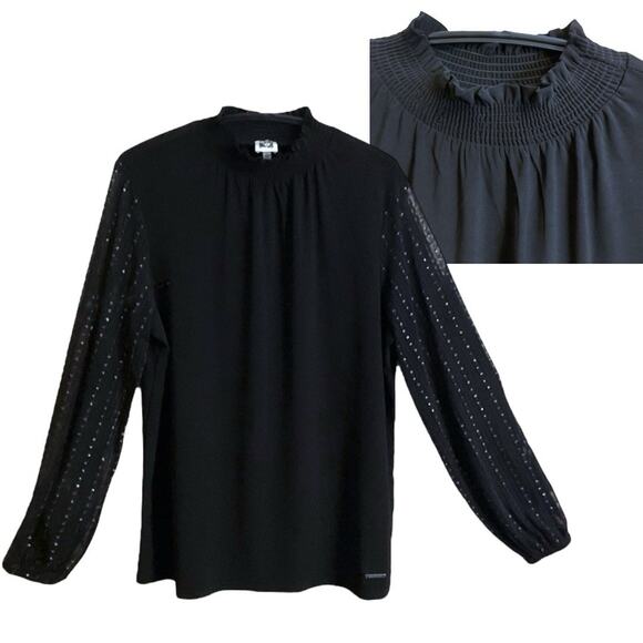 Anne Klein Blouse Womens Size L Top Black Silver Turtleneck Sheer Long Sleeve - Picture 1 of 14